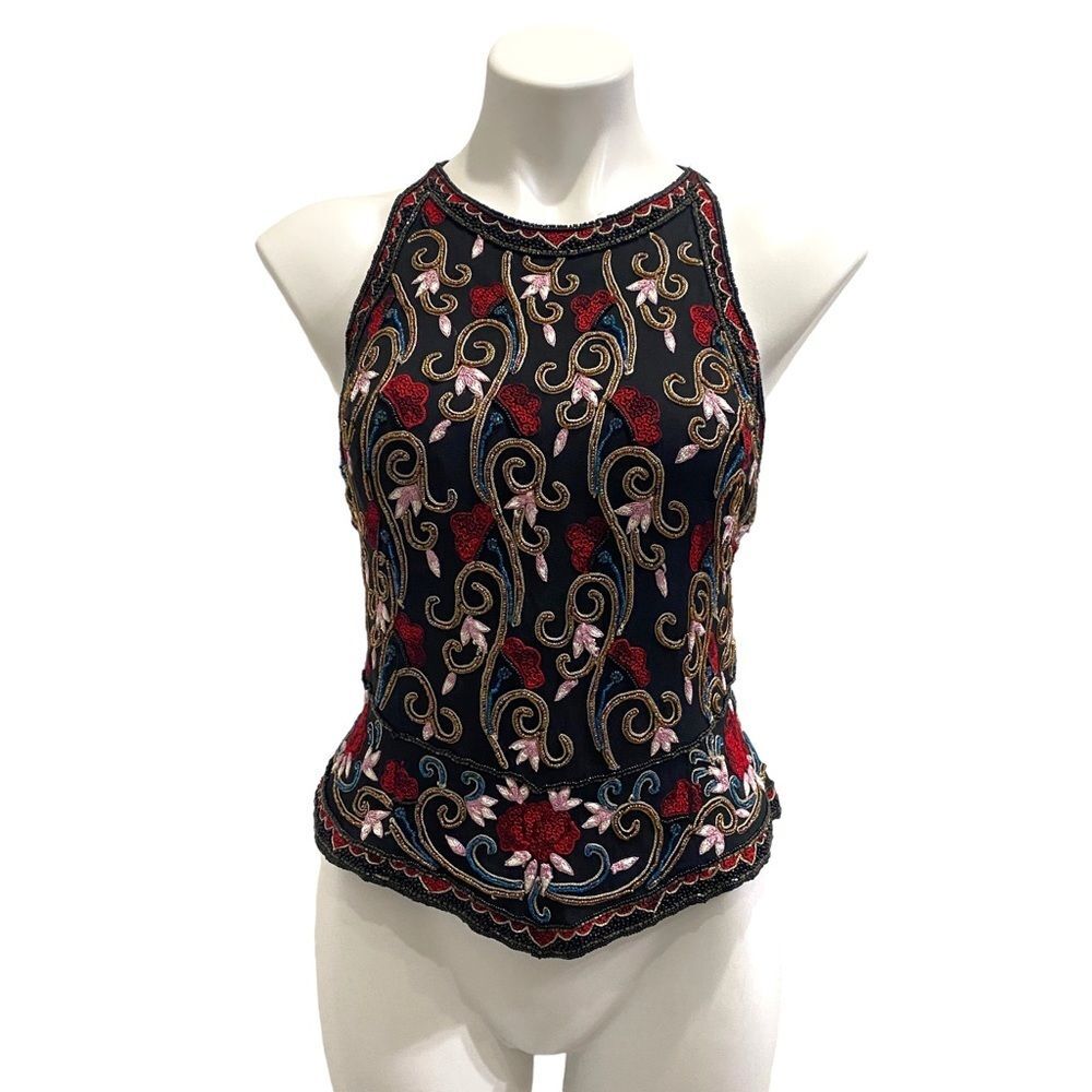 VINTAGE 90s Adrianna Papell SILK Beaded formal Rose Floral Beaded blouse LARGE
